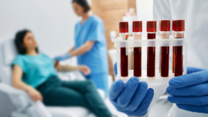 Krew pobrana do próbki, tak aby można było sprawdzić jej skład
